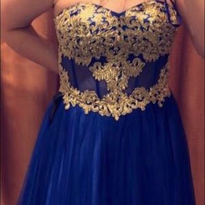 blue and gold corset ball gown prom dress
